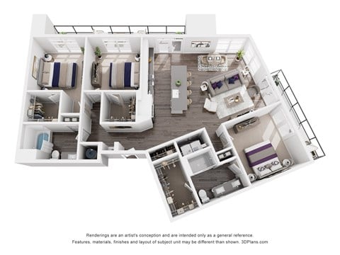 Floor plan for 3 beds, 2 baths, 1500 sqft